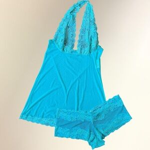 Frederick's of Hollywood Turquoise Lace Halter Chemise with Matching Boyshorts